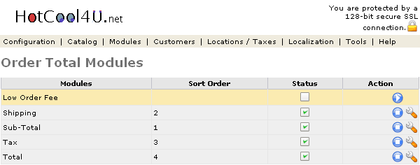 Figure 1. Order Totals listing page under the Admin>Modules>Order Total section.