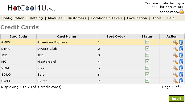Figure 1. Credit Cards listing page under the Admin>Configuration>Credit Cards section.