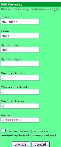 Figure 2. Currency listing page under the Admin>Localization>Currencies>Edit section.